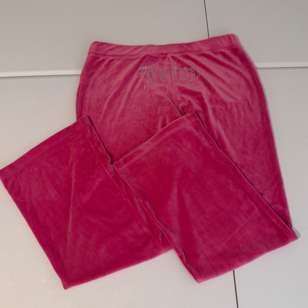 Juicy Couture Pink Velour Rhinestone Logo Wide Leg Track Pants XL cc
